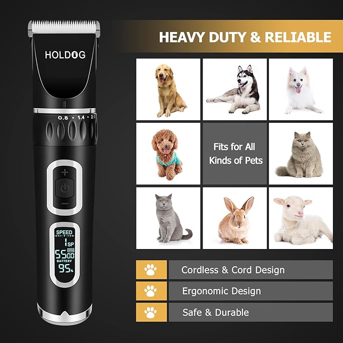 Dog Clippers Professional Heavy Duty Dog Grooming Clipper 3-Speed Low Noise High Power Rechargeable Cordless Pet Grooming Tools for Small & Large Dogs Cats Pets with Thick & Heavy Coats