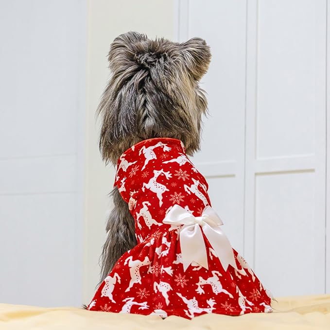 CuteBone Dog Dresses Velvet Holiday Small Dogs Clothes Onesie Pet Apparel Girl Puppy Skirt with Bow Hair Rope CVA29S