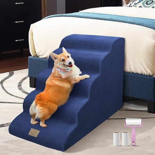 23-Inch High Large Dog Stairs to High Beds,5-Step Foam Dog Slope Stairs for Couch Beds,Friendly to Old,Joint Injury,Short Leg Pets - Machine Washable,Gift 1 Lint Roller Set