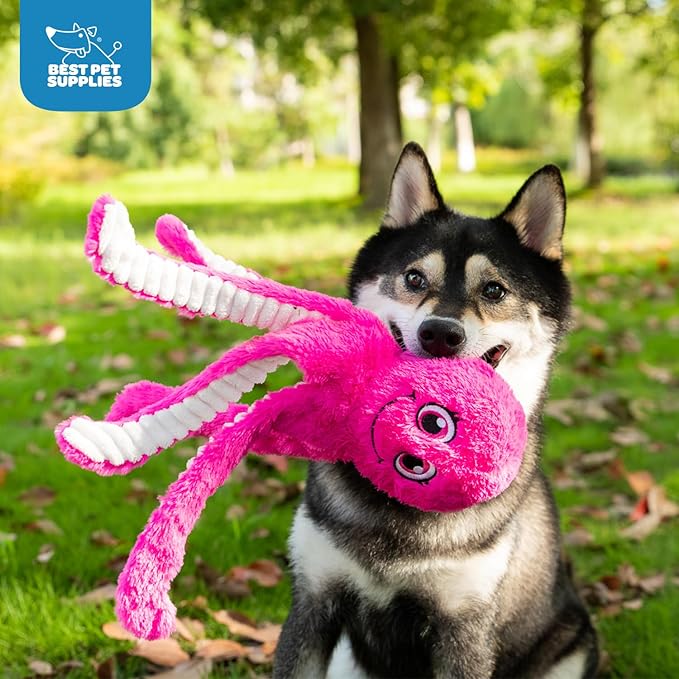 Best Pet Supplies OctoMutant Crinkle Plush Dog Toys for Interactive Play, Puppy and Senior Indoor Play, Colorful Octopus Toy Shape, Soft Head Stuffing, Cute and Cuddly - Fuchsia