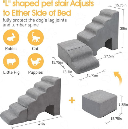 30” Dog Stairs for High Beds, AFATI Pet Stairs, Adjusts to Either Side of Bed, L Shaped Foam Pet Stairs for High Beds, 30 in Height 6 Tier Dog sSteps for Bed, Multifunctional Dog Ramp for Small Dog