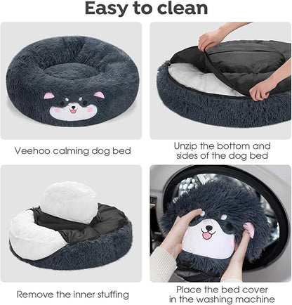 Veehoo Donut Calming Dog Beds for Small Medium Dogs-Round Cute Dog Bed Comfort Pet Bed 23" Dark