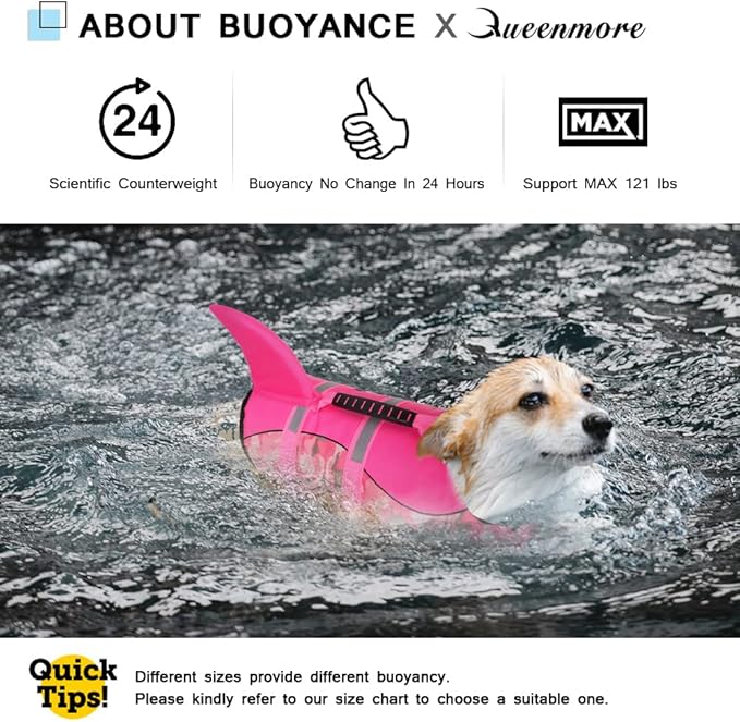 Queenmore Dog Life Jacket Ripstop Dog Shark Safety Vest Adjustable Preserver with High Buoyancy and Durable Rescue Handle for Small