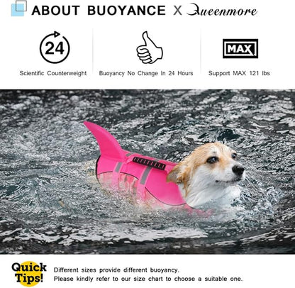 Queenmore Dog Life Jacket Ripstop Dog Shark Safety Vest Adjustable Preserver with High Buoyancy and Durable Rescue Handle for Small