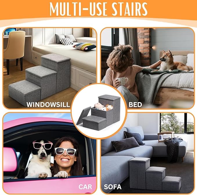 24-inch Dog Stairs for High Beds Up to 32-inch- Foldable Pet Steps for Large Dogs W/Storage- Puppy Dog Stairs to Bed- Tall Pet Stairs for High Beds- Dog Steps for Large Dog or Small Dog