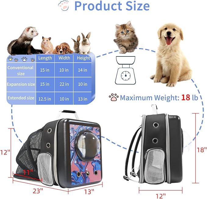 Travel Cat Backpack with Bubble-08, Pet Backpack Carriers for Cats and Dogs, Expandable Cat Backpack with Bubble, Airline Approved Pet Carrier,Black Blue Color