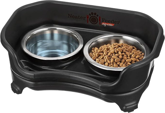 Neater Feeder - Express Model - Mess-Proof Cat Bowls (Cat, Black) – Made in USA – Elevated, No Spill, Non-Tip, Non-Slip, Raised Stainless Steel Food & Water Pet Bowls