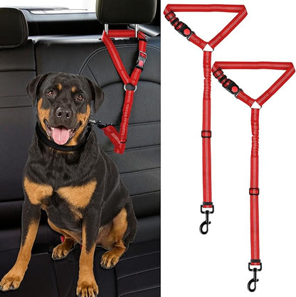 2 Packs Dog Cat Safety Seat Belt Strap Car Headrest Restraint Adjustable Nylon Fabric Dog Restraints Vehicle Seatbelts Harness (Red Elastic Bungee)