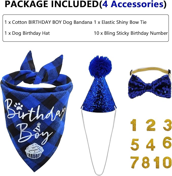 Dog Birthday Party Supplies, LMSHOWOWO Reusable Dog Birthday Bandana Set, Blingbling Dog Birthday Hat Bow Tie Numbers for Large Extra Large Dogs Pets Birthday Decorations (Blue, X-Large)