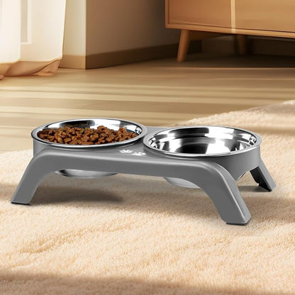 Elevated Cat Bowls - Anti-Vomiting Raised Cat Bowl Stand with 2 Thick Stainless Steel Cat Bowls Non-Slip for Small Medium Indoor Cats & Puppies, Dishwasher Safe Grey