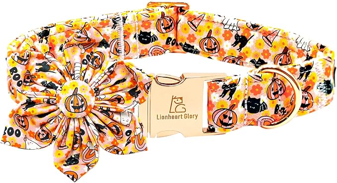 Lionheart glory Premium Halloween Dog Collars Flower Dog Collar Heavy Cotton Adjustable Fall Dog Collar for Small Dogs Pumpkin Dog Collar Flower Dog Collar with Bow Tie