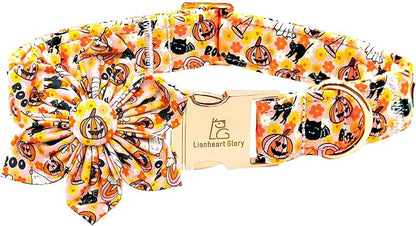 Lionheart glory Premium Halloween Dog Collars Flower Dog Collar Heavy Cotton Adjustable Fall Dog Collar for Small Dogs Pumpkin Dog Collar Flower Dog Collar with Bow Tie