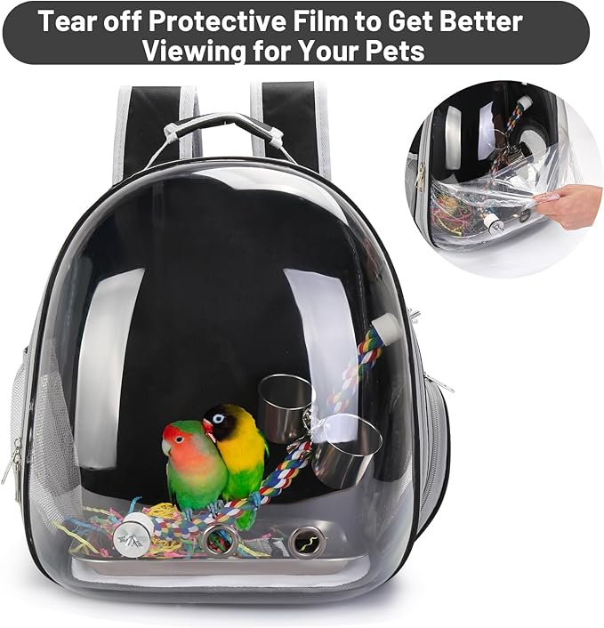 Bird Travel Backpack Carrier, Bird Cage for Small Medium Size Bird Parakeet Budgies Cockatiel, Space Capsule Clear Bubble Window with Stainless Steel Tray Food Bolw Standing Perch (Black)