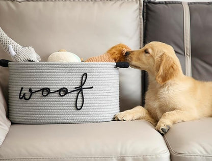 Woof Dog Toy Basket Woven Pet Baskets Storage Bin Box with Durable Handles