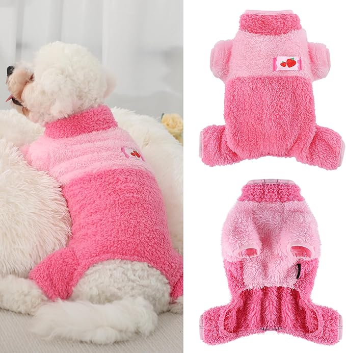 Turtleneck Dog Pajamas for Small Dogs Fleece Dog Sweater Warm Puppy Onesie Cute Dog Clothes Pjs Winter Outfits Pet Jumpsuits Cat Sweaters (Pink Strawberry, X-Small)