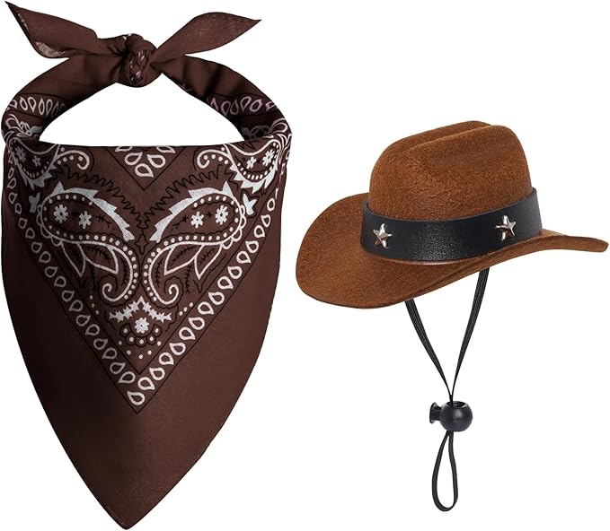 Dog Cowboy Hat with Star Decoration Dog Cowboy Costume for Small Pet Dogs Cat Cowboy Hat with Bandana Scarf Set Party Accessories (Brown, Small)