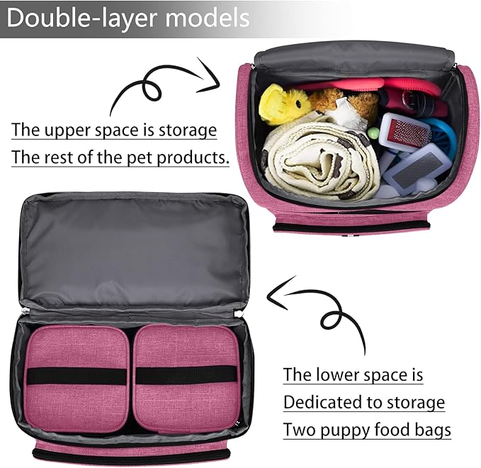 BAGLHER Pet Travel Bag, Double-Layer Pet Supplies Backpack (for All Pet Travel Supplies), Pet Travel Backpack with 2 Silicone Collapsible Bowls and 2 Food Baskets Pink