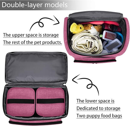 BAGLHER Pet Travel Bag, Double-Layer Pet Supplies Backpack (for All Pet Travel Supplies), Pet Travel Backpack with 2 Silicone Collapsible Bowls and 2 Food Baskets Pink