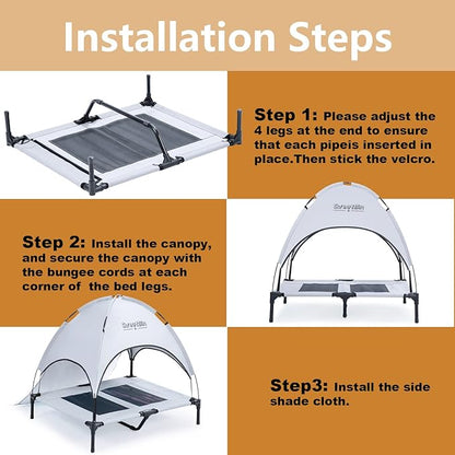S/M/L Outdoor Elevated Dog Cot with Canopy & Side Shade for Camping Small Medium Dogs (Carry Bag)