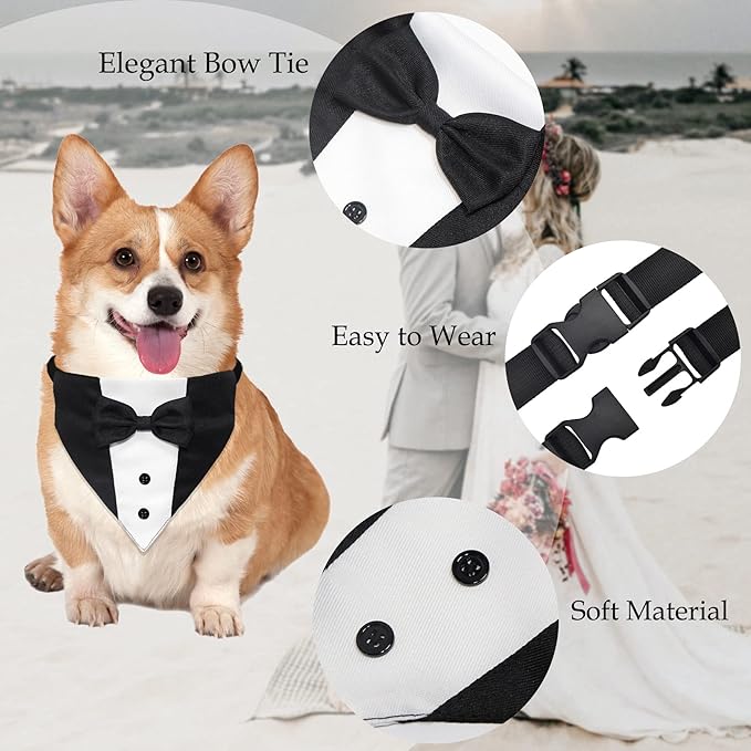 Dog Tuxedo Dog Suit Dog Wedding Bandana Collar with Bow Tie, Adjustable Dog Tux Formal Dog Costumes, Engagement Birthday Tuxedo for Small Medium Large Dogs Pets (Small: Neck 12.5”-21”)