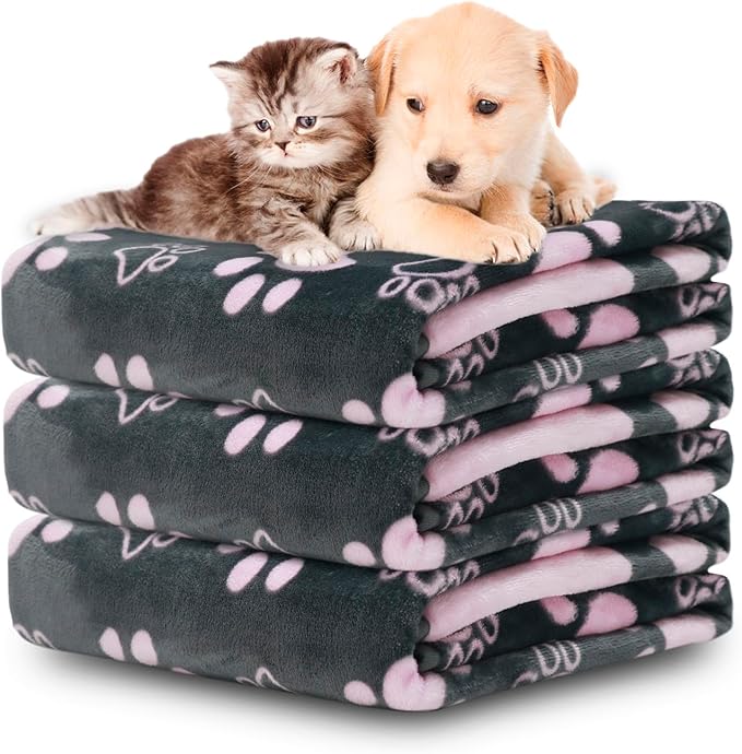 Dog Blankets for Large Dogs, 2024 New Upgraded 1 Pack 3 Puppy Blankets, Super Soft Fluffy Premium Fleece Pet Blanket Flannel Throw for Small Cat Dog Paw Blanket, Grey Pink, 41x31 inch