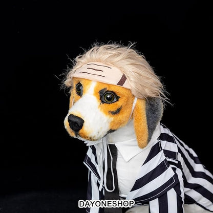 Black Striped Dog Suit wit Blonde Wig Scientist Dog Costume Pet Costume Cosplay Clothes Outfit Accessories Party Favors (Medium, Striped Clothes with Wig)