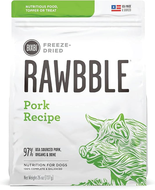 BIXBI Rawbble Freeze Dried Dog Food, Pork Recipe, 26 Oz - 97% Meat And Organs, No Fillers - Pantry-Friendly Raw Dog Food For Meal, Treat Or Food Topper - USA Made In Small Batches