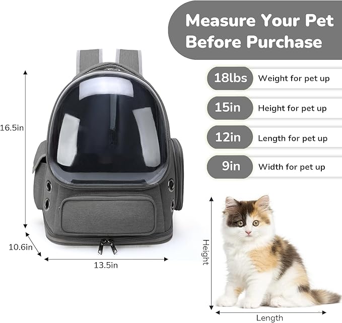 Cat Backpack Carrier for Cats and Small Dogs, Breathable Cat Bubble Backpack, Airline Approved Pet Travel Carrier(Grey)