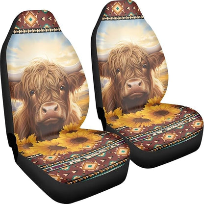 Highland Cow Sunflower Car Seat Covers for Front Seats SUV Truck Van Sedans Aztec Bucket Seat Covers for Women Men