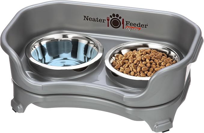 Neater Feeder - Express Model - Mess-Proof Dog Bowls (Small, Gunmetal Grey) – Made in USA – Elevated, No Spill, Non-Tip, Non-Slip, Raised Stainless Steel Food & Water Pet Bowls