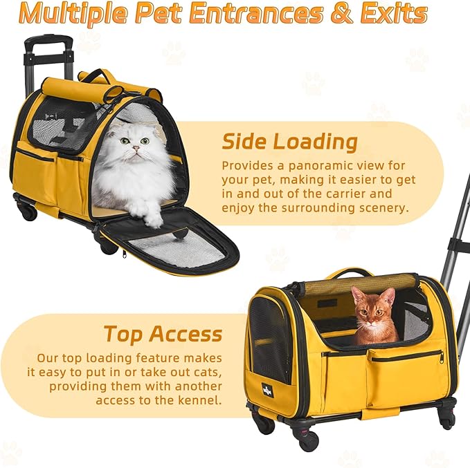 Cat Carrier with Wheels, Foldable Airline Approved Dog Cat Carrier with Wheels for Cat Dog Under 20 lbs, Rolling Cat Carrier Travel Bag with Telescopic Handle for Walking Travel Vet Visits