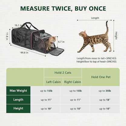 Cat Travel Carrier with Litter Boxes for 2 Cats, Double-Compartment Soft Pet Carrier, Expandable Portable Cat Carrier for Car Travel, up to 35 lb Road Trip, Camping, Hiking, Black