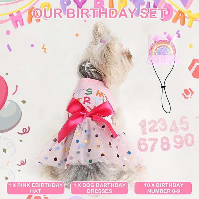 Dog Birthday Dress Birthday Hats Set Dog Clothes for Small Dogs Girl Puppy Birthday Princess Dresses Pet Cat Birthday Outfit (Birthday Dress Set