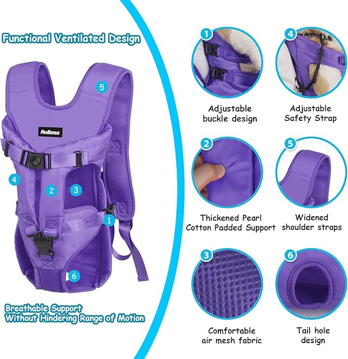 PetBonus Pet Front Dog Carrier Backpacks, Adjustable Dog Backpack Carrier, Legs Out Easy-fit Dog Chest Carrier for Medium Small Dogs, Hands Free Dog Front Carrier for Hiking, Cycling (Purple, M)