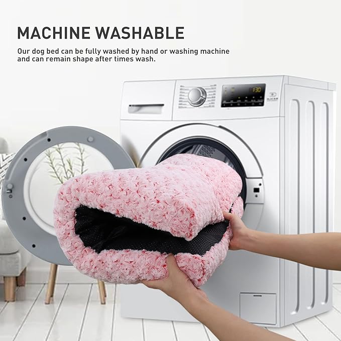 KSIIA Washable Dog Bed Deluxe Plush Dog Crate Beds Fulffy Comfy Kennel Pad Anti-Slip Pet Sleeping Mat for Large 29" x 21", Pink