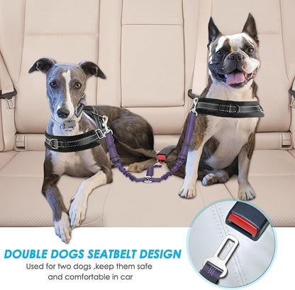 SlowTon Dog Seat Belt, Double Dog Seatbelt Adjustable Vehicle Safety Leash with Elastic Bungee Buffer, Reflective No Tangle Y Shape Two Dog Harness Seat Belt Splitter for Pets Car Trip (Purple, M)