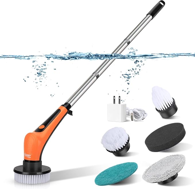 hygger IPX8 Electric Aquarium Cleaning Brushes, Rechargeable Cleaner Tools Kit with 6 Replaceable Clean Spin Brush Heads Cordless Use 2 Speeds Adjustable Handle for Dog House Outdoor/Cat Litter Boxes