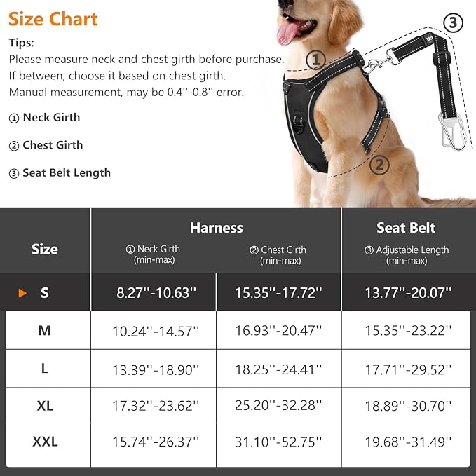 Dog Vehicle Safety Vest Harness, Adjustable Soft Padded Mesh Car Seat Belt Leash Harness with Reflective Strip Travel Strap Carabiner for Most Cars, Small Size, Carbon Black