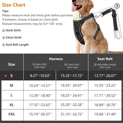 Dog Vehicle Safety Vest Harness, Adjustable Soft Padded Mesh Car Seat Belt Leash Harness with Reflective Strip Travel Strap Carabiner for Most Cars, Small Size, Carbon Black