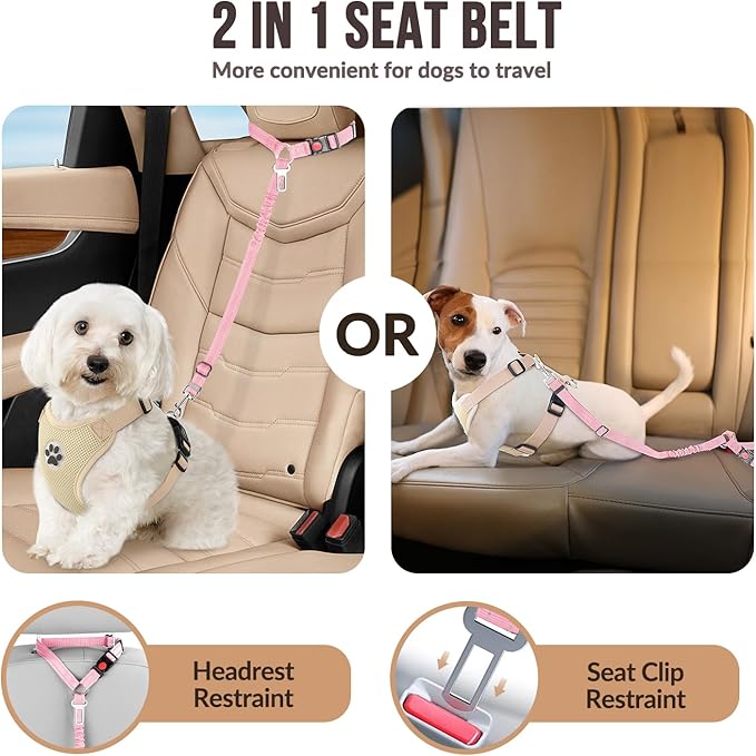 Lukovee Dog Car Seat Belt, 2 Pack Headrest Restraint Seatbelt, Adjustable Pet Safety Leads with Reflective Elastic Bungee for Dog Harness Collar Travel Daily Use (Pink,Small, Headrest+Clip)