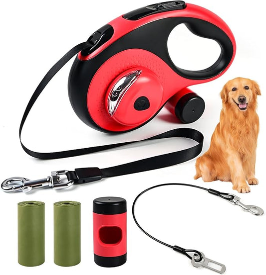 Heavy Duty Retractable Dog Leash for Large Dogs 26ft with 2 Poop 360° No 110Lbs. (Red, 26ft)