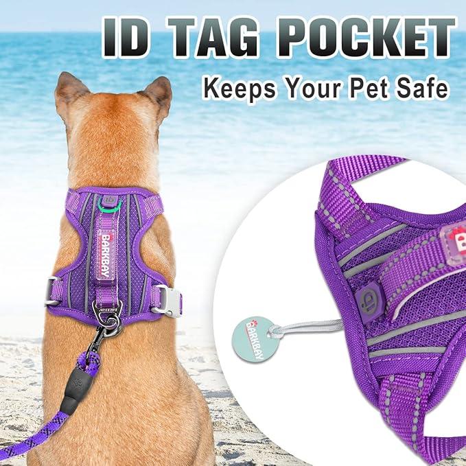 BARKBAY No Pull Dog Harness Large Step in Reflective Dog Harness with Front Clip and Easy Control Handle for Walking Training Running with ID tag Pocket(Purple