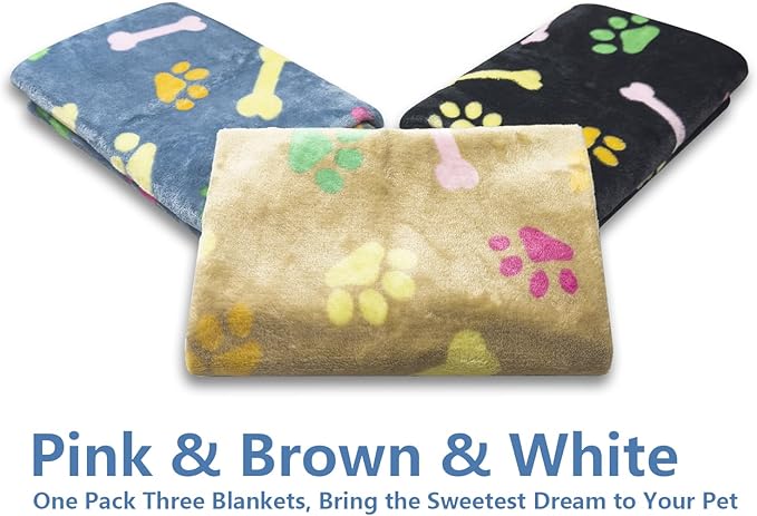 LeapSheep Pet Blankets for Dogs Cats - 3Pack Bone Pattern Super Soft Fluffy Dog Blankets for Small Medium Large Doggy Kitten (Coloful Bones, Small)