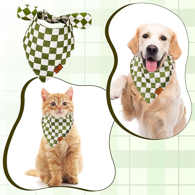 Green Checkered Dog Bandana Classic Checkerboard Print Fabric Pet Scarf Medium Sizes Adjustable Pet Neckerchief Dog Bibs for Cat Dog Birthday Costume Accessories