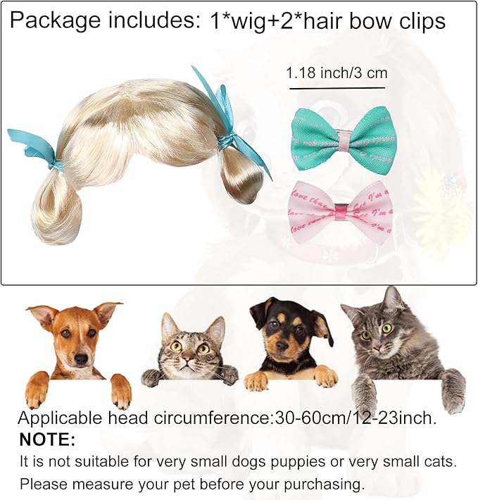 Funny Dog Wig Pet Costumes, Cat Costume Synthetic Hairpiece Cosplay Wigs, Headwear for Halloween Christmas Festivals Party Decor, Fancy Dress,Average Size for Most Dog Cat,Palr Blonde for Braid