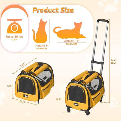 Cat Carrier with Wheels, Foldable Airline Approved Dog Cat Carrier with Wheels for Cat Dog Under 20 lbs, Rolling Cat Carrier Travel Bag with Telescopic Handle for Walking Travel Vet Visits