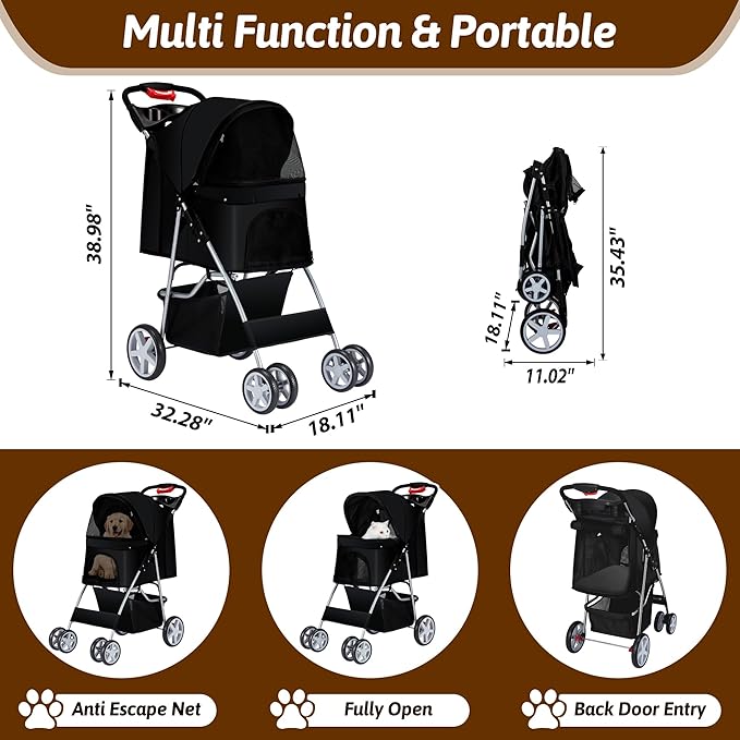 Pet Stroller 4 Wheels Dog Cat Stroller for Medium Small Dogs Cats, Folding Cat Jogger Stroller with Storage Basket & Breathable Mesh, Easy to Walk Travel Carrier, Black