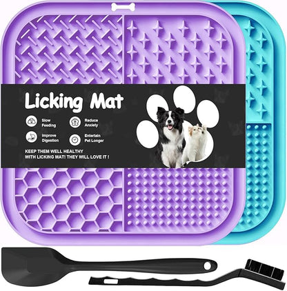 2 PCS Licking Mat for Dogs & Cats with Suction Cups, Dog Slow Feeder Lick Pat for Anxiety Relief, Dog Toys Feeding Mat for Butter Yogurt Peanut, Pets Bathing Grooming Training Mat (Cyan&Purple)