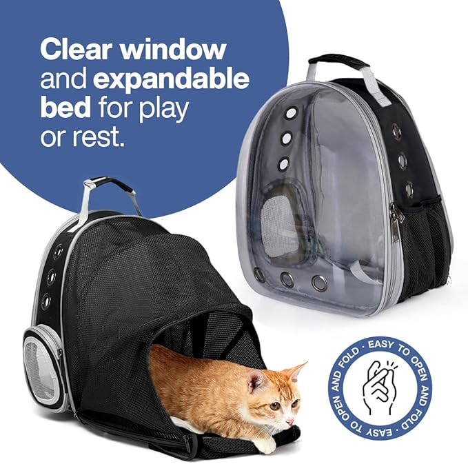 Cat Backpack Expandable - Cat Carrier Bubble Window, Ventilated Cat Backpack Carrier for Large Cats 20 lbs or Less, Pet Carrier Airline Approved for Hiking, Camping, Outdoors, Travel (Black)