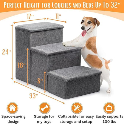 24-inch Dog Stairs for High Beds Up to 32-inch- Foldable Pet Steps for Large Dogs W/Storage- Puppy Dog Stairs to Bed- Tall Pet Stairs for High Beds- Dog Steps for Large Dog or Small Dog